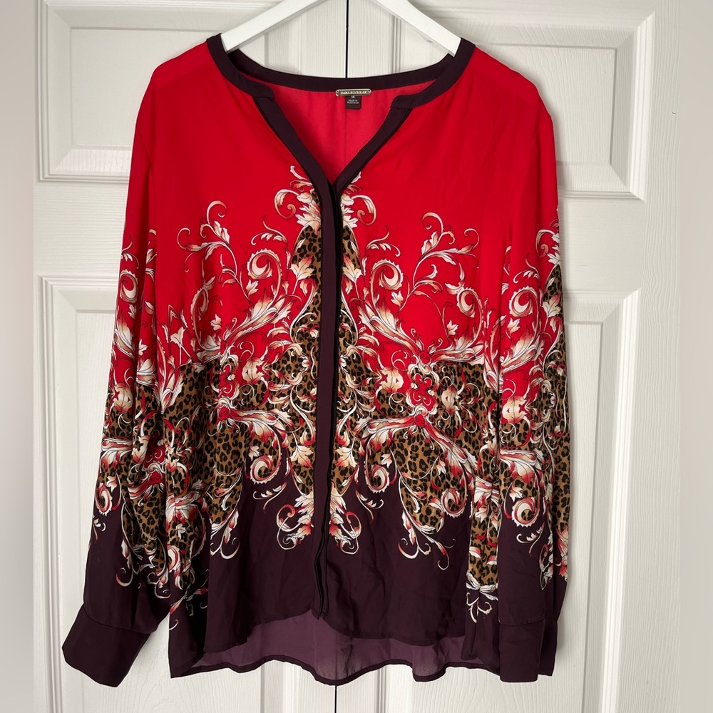 Dana Buchman Baroque & Animal Print Long sleeve button down blouse size 14